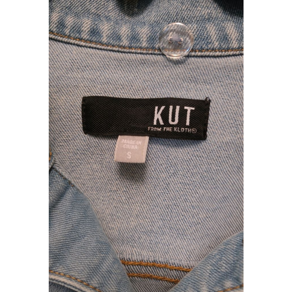 KUT From The Kloth Distressed Denim Jacket Small | Light Wash Stretch Jacket - Picture 4 of 5